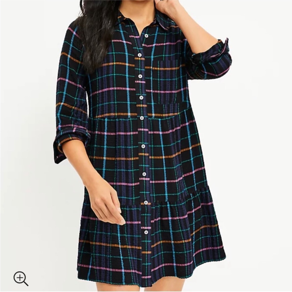LOFT Black Plaid Mini Dress with Pink, Blue & Orange Stripes soft XL